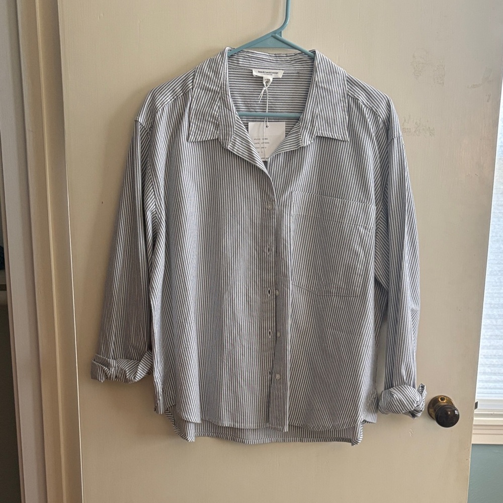beachlunchlounge Grey and White Striped Button Down Shirt